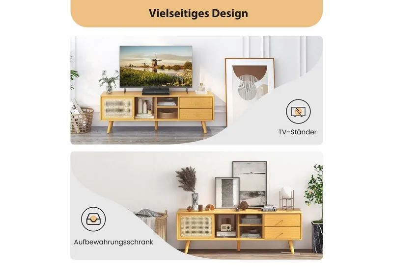 COSTWAY COSTWAY TV-Schrank mit 2 Schiebetüren, Glas und Bambus 2 Schubladen 140cm, Beige, – Produktbild 2 von 5