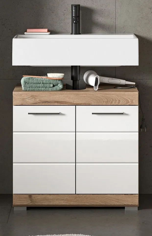 Inn.Furn Waschbeckenunterschrank Willow (Waschtisch in weiß Hochglanz mit Eiche, 60 x 56 cm) mit MDF-Fronten, Weiß, – Produktbild 3 von 5