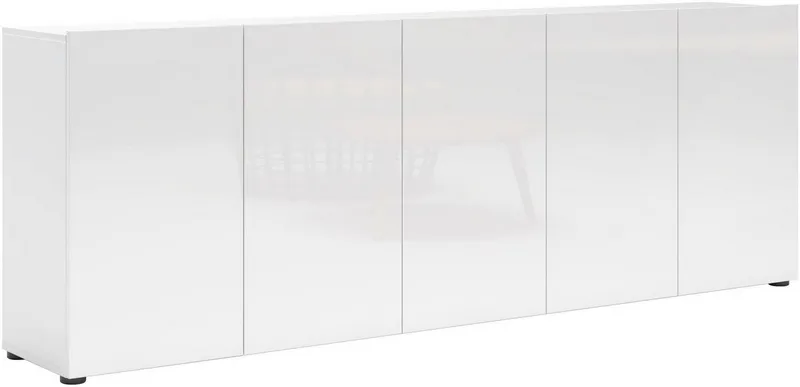 Home affaire Sideboard MISTER – Schrank, Kommode, 225 cm breit, 80 cm hoch, Made in Italy, komplett Hochglanz lackiert, 5 Türen, 6 Fächer, Weiß, – Produktbild 4 von 5
