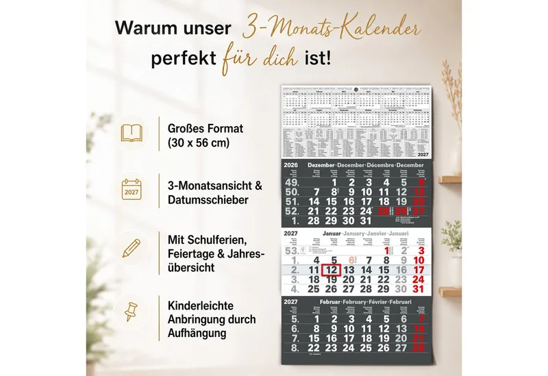 TOBJA Wandkalender 3 Monatskalender 2027 Anthrazit mit Datumsschieber 30x56 FSC, Anthrazit, Datumsschieber, Schulferien DE+AT, 4-sprachig, FSC, Schwarz, – Produktbild 2 von 5