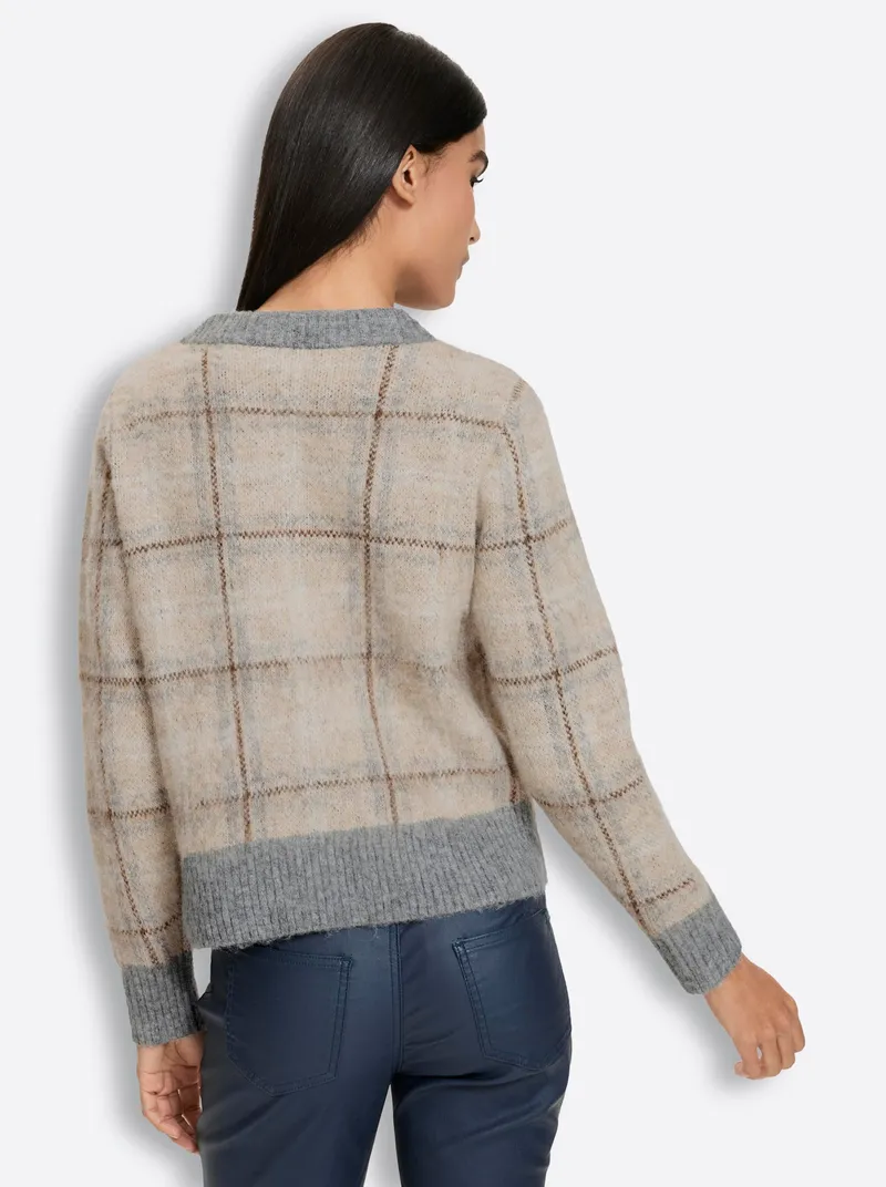 heine Jacquardstrickjacke beige-grau-kariert, Beige-grau-kariert, – Produktbild 2 von 2