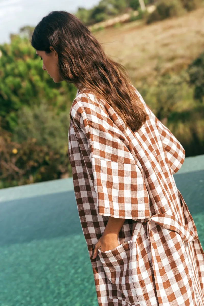 AmourLinen AmourLinen Damen vegan Bademantel Midnight Mocha Gingham, Braun, – Produktbild 1 von 2