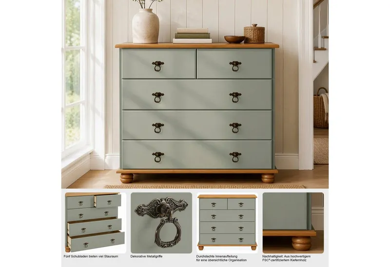 OTTO home Kommode Finca, aus massivem Kiefernholz, mit Schubladen für Stauraummöglichkeiten, Beige, – Produktbild 3 von 5