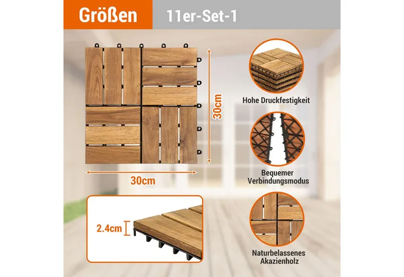 Clanmacy Holzfliesen 1-10 Terrassenfliesen, 11-110 Stück, Akazien-Holz Balkonplatten - 1, 11er Set, 11 St., 30x30cm = 1qm pro Fliese, rutschfest, Stecksystem, langlebig – Produktbild 2 von 5