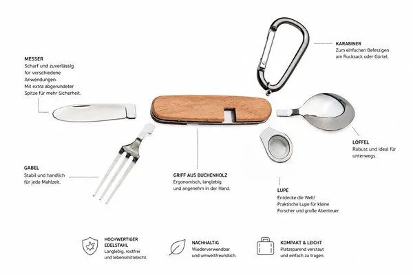 Cameleon Pack Cameleon Pack Kinder Outdoor und Camping Besteck aus Buchenholz und Edelstahl incl. Taschenmesser Lupe und Karabiner – Produktbild 3 von 4