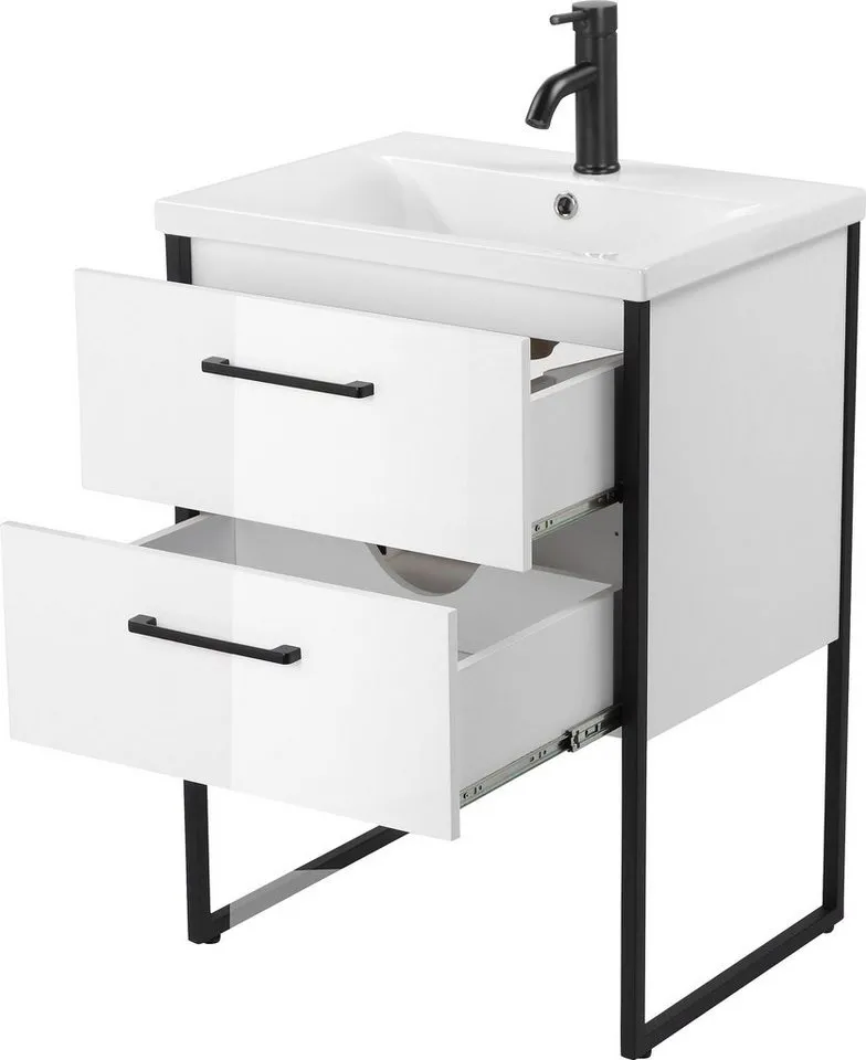 welltime Waschtisch Paris, Breite 60cm, Badmöbel Loft Design, Metall, inkl. Waschbecken, Weiß, – Produktbild 3 von 5