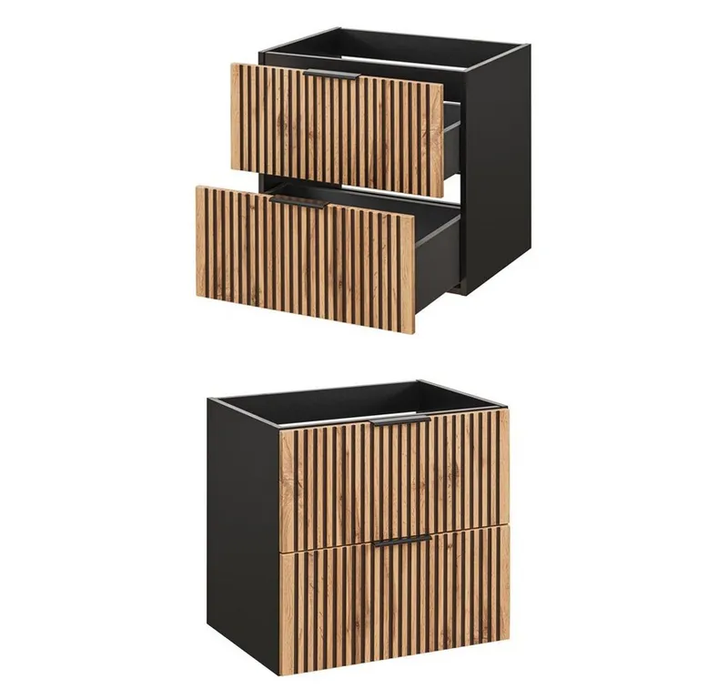 Lomadox Badmöbel-Set XANTEN-56, (Spar-Set, 3-St), anthrazit, Wotan Eiche Nb Rillen schwarz, Waschtisch, Hochschrank, Braun|grau, – Produktbild 4 von 5