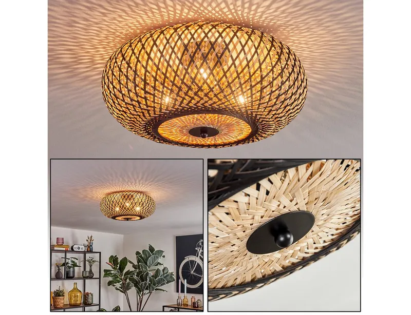 hofstein Deckenleuchte moderne Deckenlampe aus Metall/Bambus in Schwarz/Naturfarben, ohne Leuchtmittel, Boho-Design Deckenleuchte, Lichteffekt an d. Decke, Ø 40 cm, 3-flammig, Beige|schwarz, – Produktbild 1 von 5