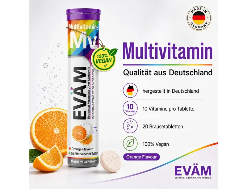 EVÄM Multivitamin Plus – 10 Vitamine in 1 Tablette, orange Brausetabletten, 1 er Rörchen à 20 St., 82 g – Produktbild 2 von 5