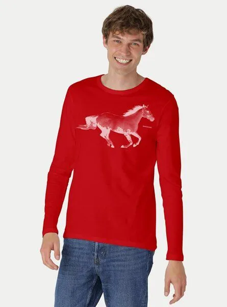 Peaces.bio - handbedruckte Biomode Peaces.bio - handbedruckte Biomode Bio-Herren-Langarmshirt Horsepower, Rot, – Produktbild 1 von 2