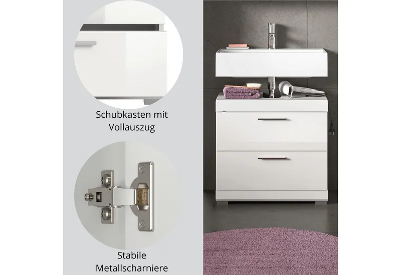 furnling Waschbeckenunterschrank Scott 2 Schubladen, Badmöbel, Badschrank, Badunterschrank, 60 cm breit, Weiß, – Produktbild 5 von 5