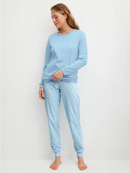 CALIDA CALIDA Schlafanzug Lovely Nights (2 tlg) Oberteil uni, Hose gestreift, Rundhalsausschnitt, weich, Langarm – Produktbild 1 von 1