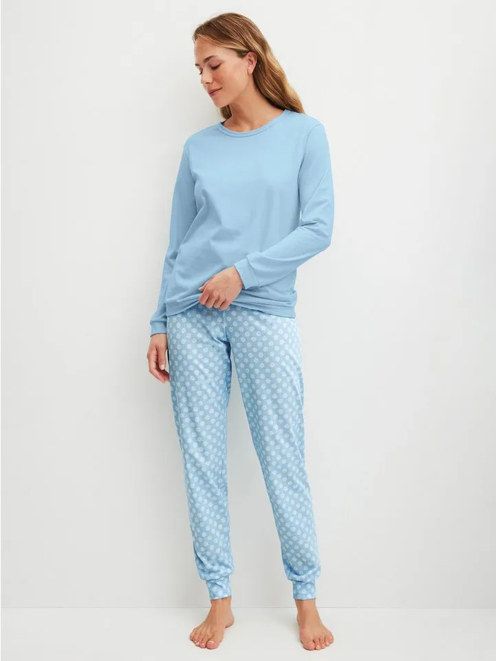 CALIDA CALIDA Schlafanzug Lovely Nights (2 tlg) Oberteil uni, Hose gestreift, Rundhalsausschnitt, weich, Langarm, Blau, – Produktbild 1 von 5