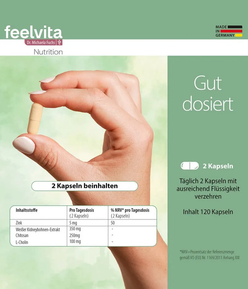 Genius Genius Feelvita Nutrition Fat & Carb Blocker 4-Monatsvorrat mit Zink & Cholin Kapsel, Spar-Set à 120 St. – Produktbild 5 von 5