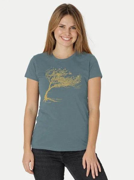 Peaces.bio - handbedruckte Biomode Peaces.bio - handbedruckte Biomode Bio-Damen-T-Shirt "Windy Tree", Petrol, – Produktbild 1 von 2