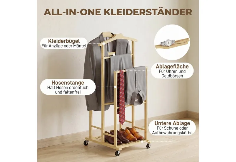 HOMCOM HOMCOM Garderobenständer Kleiderständer Garderobe mit Kleiderstangen aus Bambus, Schuhregal, (Set, 1 St., 1), für Schlafzimmer, Ausstellungen, Waschküche, Beige, – Produktbild 5 von 5