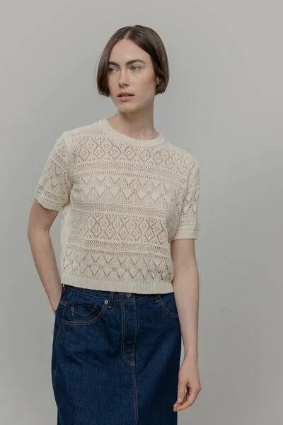 Rifò - Circular Fashion Made in Italy Rifò - Circular Fashion Made in Italy Neda Kurzarm-Pulllover aus recykelter und Bio-Baumwolle, Ecru, – Produktbild 1 von 3