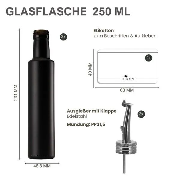 mikken mikken 2x Ölflasche 250 ml 500 ml matt schwarz runde Dosierflasche mit Ausgießer 2 Etiketten – Produktbild 7 von 7