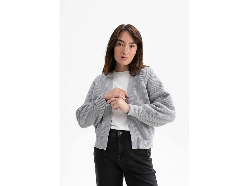 MELA MELA Bio-Damen-Rippstrick-Cardigan 'BHUMA' mit Raglan-Ärmel, grau melange, Gr. M – Produktbild 1 von 1