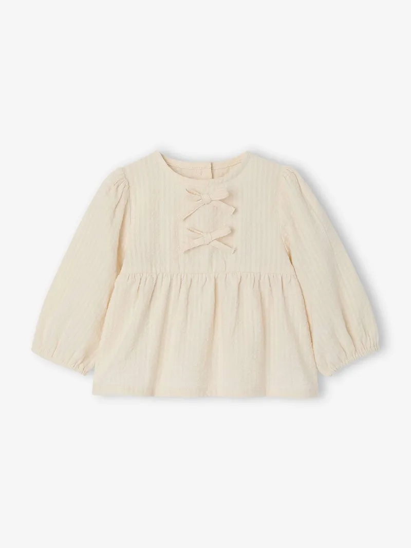 Vertbaudet Bluse Mädchen Baby mit Schleifen, Wollweiß, – Produktbild 2 von 3