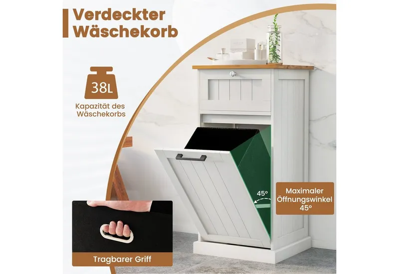 COSTWAY COSTWAY Wäscheschrank mit Wäschekorb & Stauraum, Badezimmerschrank, Weiß, – Produktbild 4 von 5