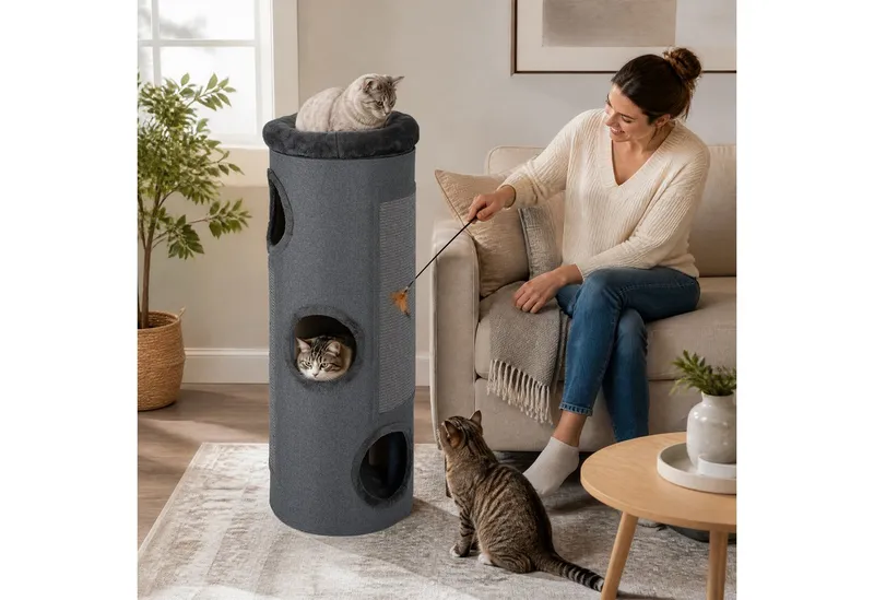COSTWAY COSTWAY Kratzbaum Katzentonne mit 3 Höhlen, 4 Ebenen Katzentonne, 113 cm hoch, Grau, – Produktbild 6 von 7