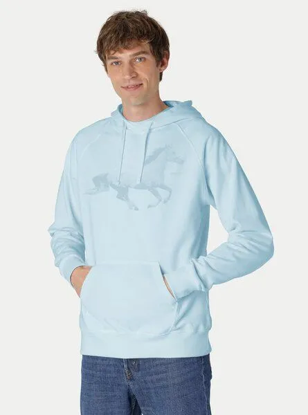 Peaces.bio - handbedruckte Biomode Peaces.bio - handbedruckte Biomode Bio-Herren-Kapuzensweater Horsepower, Hellblau, – Produktbild 1 von 2