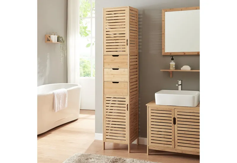 en.casa Hochschrank »Boksereys« mit 2 Türen und 3 Schubladen Bambus, Beige, – Produktbild 2 von 4