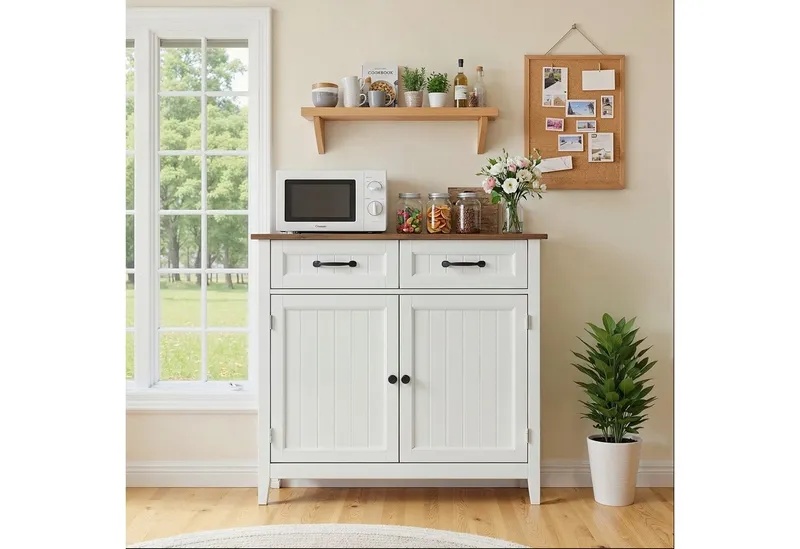 Blishom Buffet Sideboard Küchenschrank mit 2 Schubladen, 90 x 40 x 82 cm Die Einlegeböden sind verstellbar, Retrofarbe, – Produktbild 4 von 5