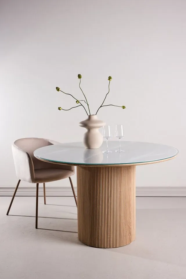 Venture Home Esstisch Härön, runder Esstisch Ø 120 cm mit Glasplatte und Holzfuß, FSC, Esszimmertisch, transparente Platte, MDF-Mittelfuß, gerippt, hell, Weiß, – Produktbild 2 von 5