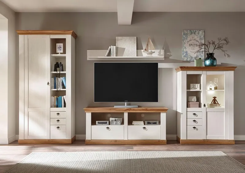 Home affaire Wohnwand Cremona, Anbauwand im Landhausstil, Komplettset, Wohnzimmer-Set, enthält Vitrine, Lowboard, Stauraumelement und Wandboard, 376 cm breit, Weiß, – Produktbild 2 von 5