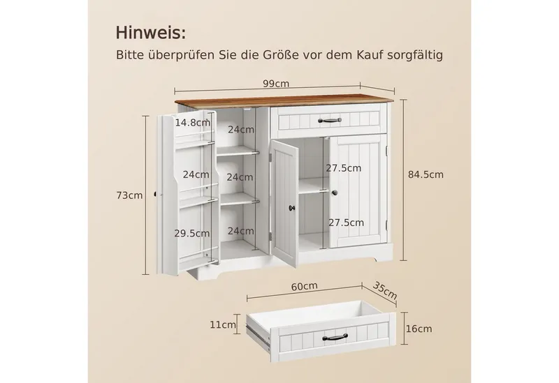 Blishom Sideboard Küchen-Sideboard mit 1 Schublade, 3 Türen und Türablagen, Zusätzliche Fächer für Gewürze, Vorräte und Küchenzubehör, Braun, – Produktbild 2 von 5