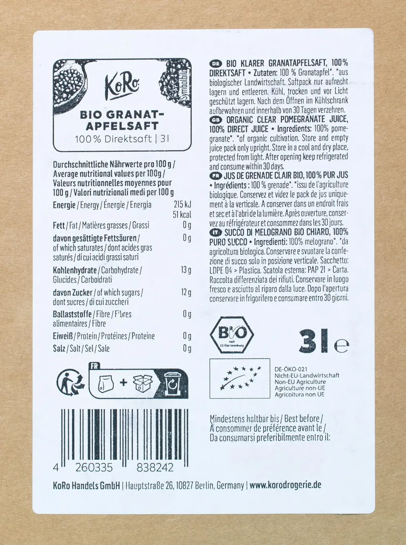 KoRo Bio Granatapfel Saft Bag-in-Box 3 L – Produktbild 5 von 5
