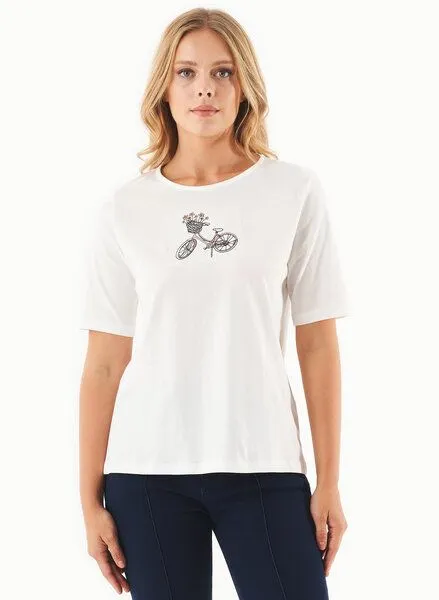 ORGANICATION ORGANICATION T-Shirt aus Bio-Baumwolle mit Fahrrad-Stickerei, Weiß(off white), – Produktbild 1 von 4