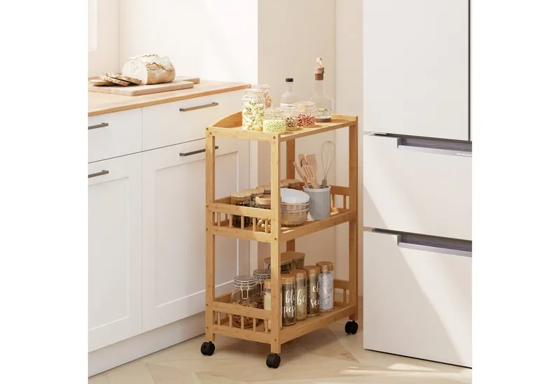 HOMCOM HOMCOM Küchenwagen Rollwagen mit 3 Ebenen, Servierwagen mit Stauraum, (Servierwagen, 1 St., Rollwagen), für Küche Bad Büro Wohnzimmer Naturholz, Beige, – Produktbild 1 von 4