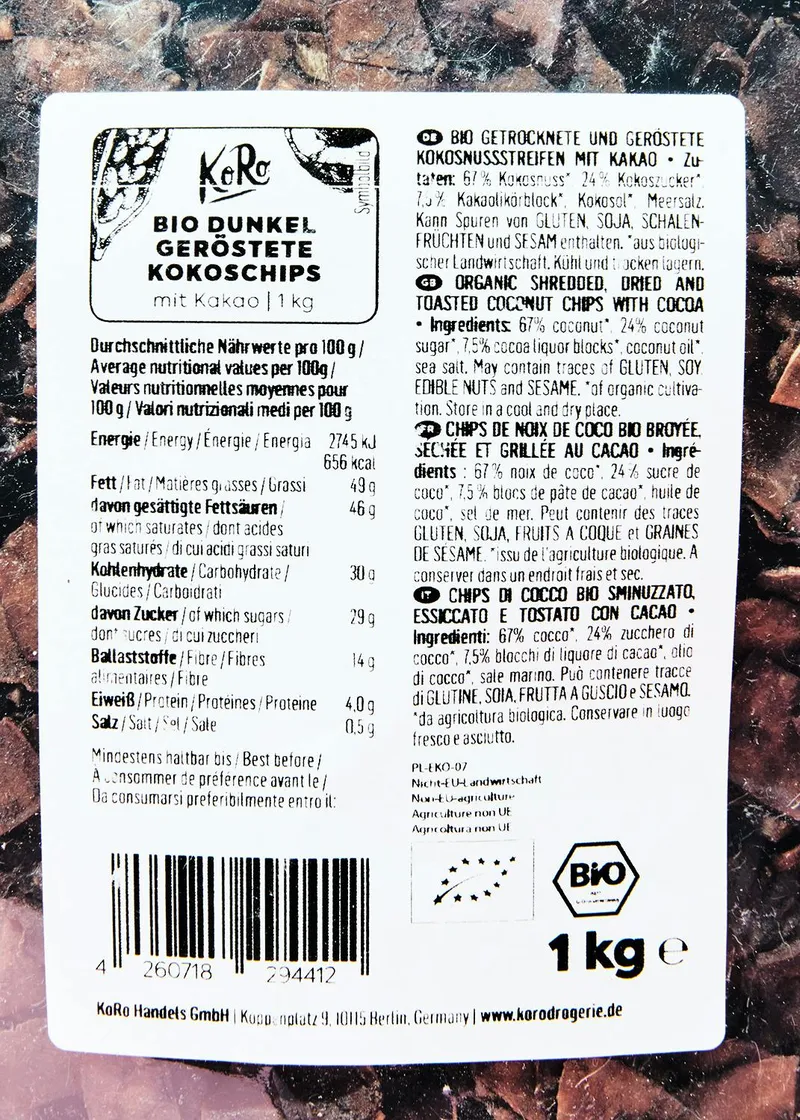 KoRo Dunkel geröstete Bio Kokoschips mit Kakao 1 kg – Produktbild 3 von 5