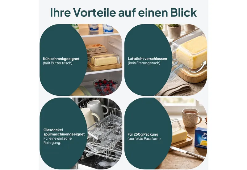 uandu home Butterdose Glas & Bambus – Borosilikat Glasdeckel, (mit FSC-zertifiziertem Bambusboden – Luftdichte Butterglocke für 250g Butter – Butterschale, Geschenkidee, Butter Box Dose, Butterbox), Beige, – Produktbild 4 von 5