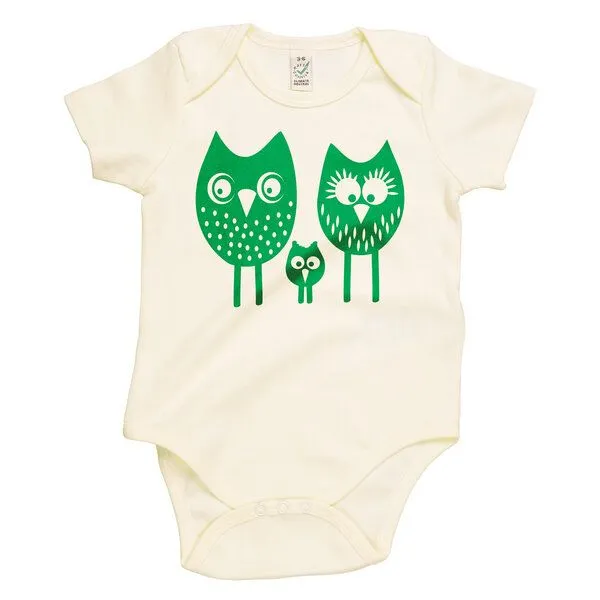 HANDGEDRUCKT HANDGEDRUCKT "drei Eulen" Baby Body, Natur, – Produktbild 1 von 4