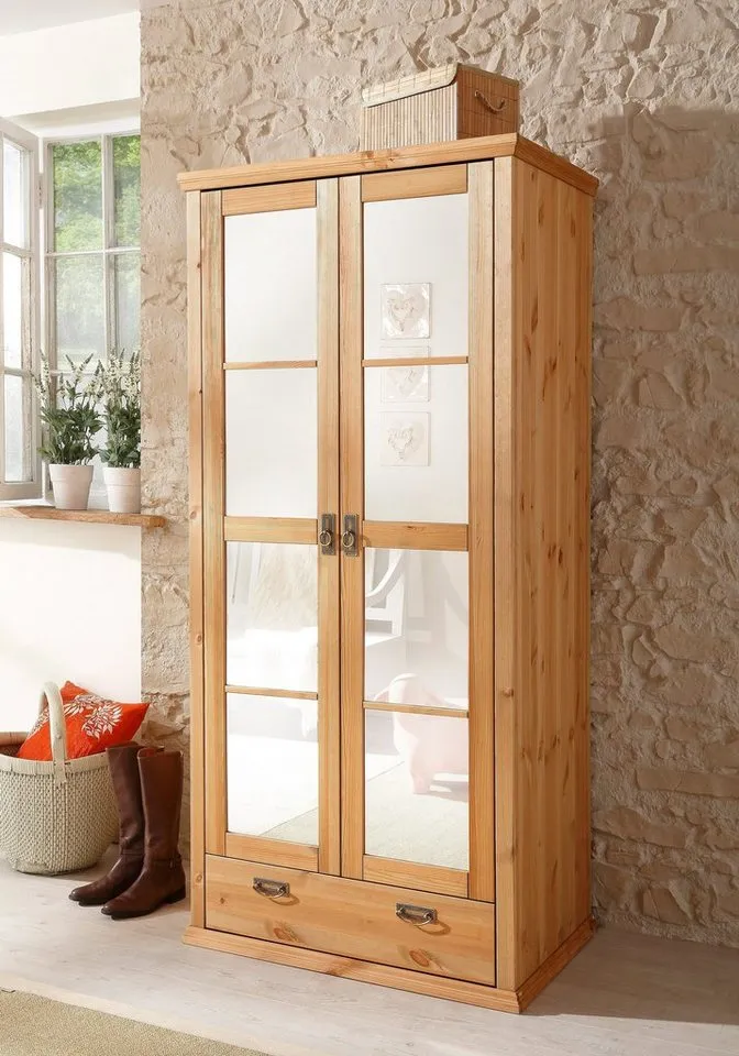 OTTO home Kleiderschrank Madrid (3 Breiten: 90/164/245 cm H/T ca.190/59 cm) aus massiver Kiefer, in 3 Breiten mit Spiegeltüren, Beige, – Produktbild 2 von 8