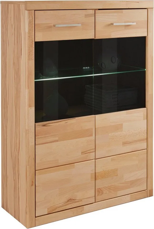 OTTO home Vitrine Ribe, 125 cm hoch, Fronten Massivholz, 4 breite Fächer Korpus Holzwerkstoff, 2Türen mit Glaseinsatz, einlegeboden verstellbar, Braun, – Produktbild 2 von 8