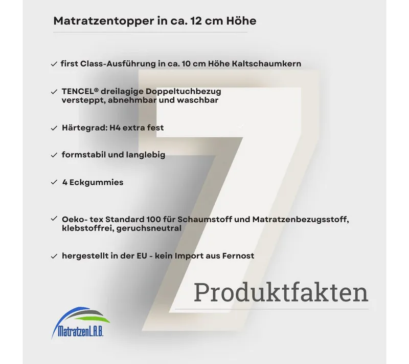 MatratzenL.A.B®, Topper TENCEL™ Lyocell® Premium Bezug, 180x200, H4/H5 sehr fest, 12 cm hoch, Kaltschaum, Matratzentopper ideal für Ihre Boxspringbett. klebstofffrei – Produktbild 3 von 5