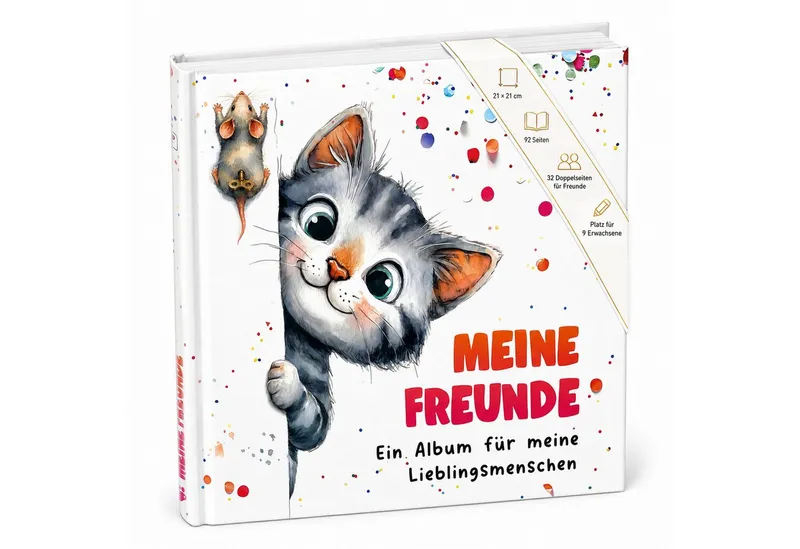 TOBJA Poesiealbum Freundebuch Grundschule Katze 21x21 cm - 32 Freunde, 9 Erwachsene, Katzen-Motiv, 92 Seiten, 32 Doppelseiten, FSC®-Papier – Produktbild 1 von 5