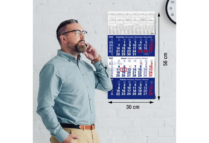 TOBJA Wandkalender 3 Monatskalender 2027 Blau mit Datumsschieber 30x56 FSC, Blau, Datumsschieber, Schulferien DE+AT, 4-sprachig, FSC-zertifiziert – Produktbild 3 von 5
