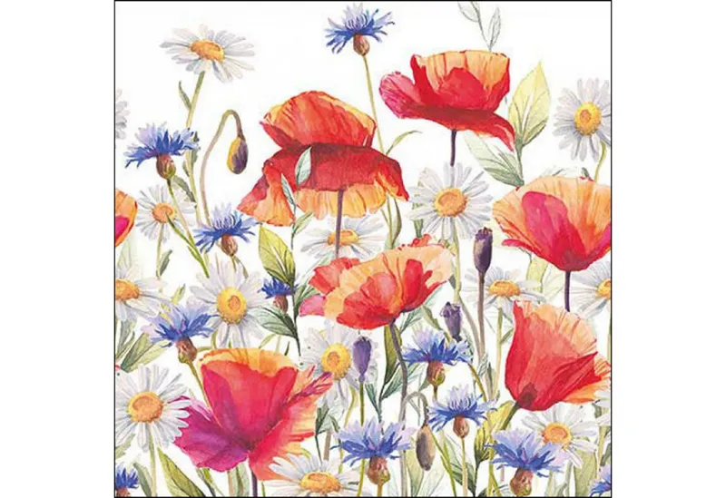 Ambiente Luxury Paper Products Papierserviette, Servietten Papier 33x33cm 3-lag. mit Mohnblumen & Sommerwiese 20 Stück, Blau|grün|rot, – Produktbild 1 von 1