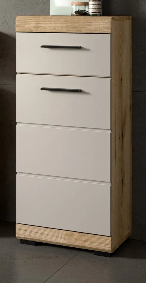 Inn.Furn Badkommode Shawn (Badschrank in Eiche und Sand / Kaschmir, 37 x 88 cm), mit Vollauzug, Beige, – Produktbild 2 von 5