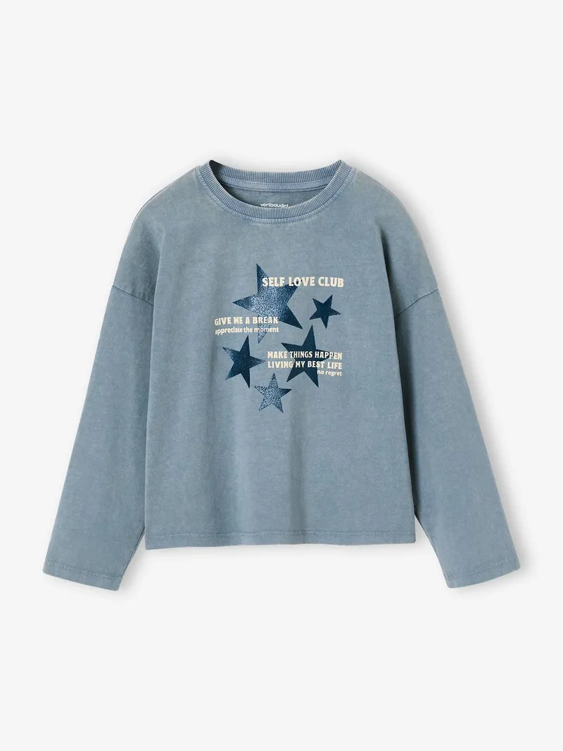 Vertbaudet Shirt mit Glitzerdetails und Used-Effekt Mädchen, Blau chambray, – Produktbild 1 von 2
