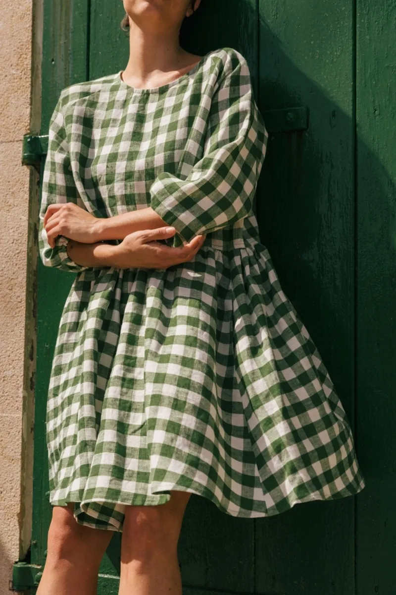 AmourLinen AmourLinen Damen vegan Kleid Sofia Grün Gingham, Grün, – Produktbild 2 von 2