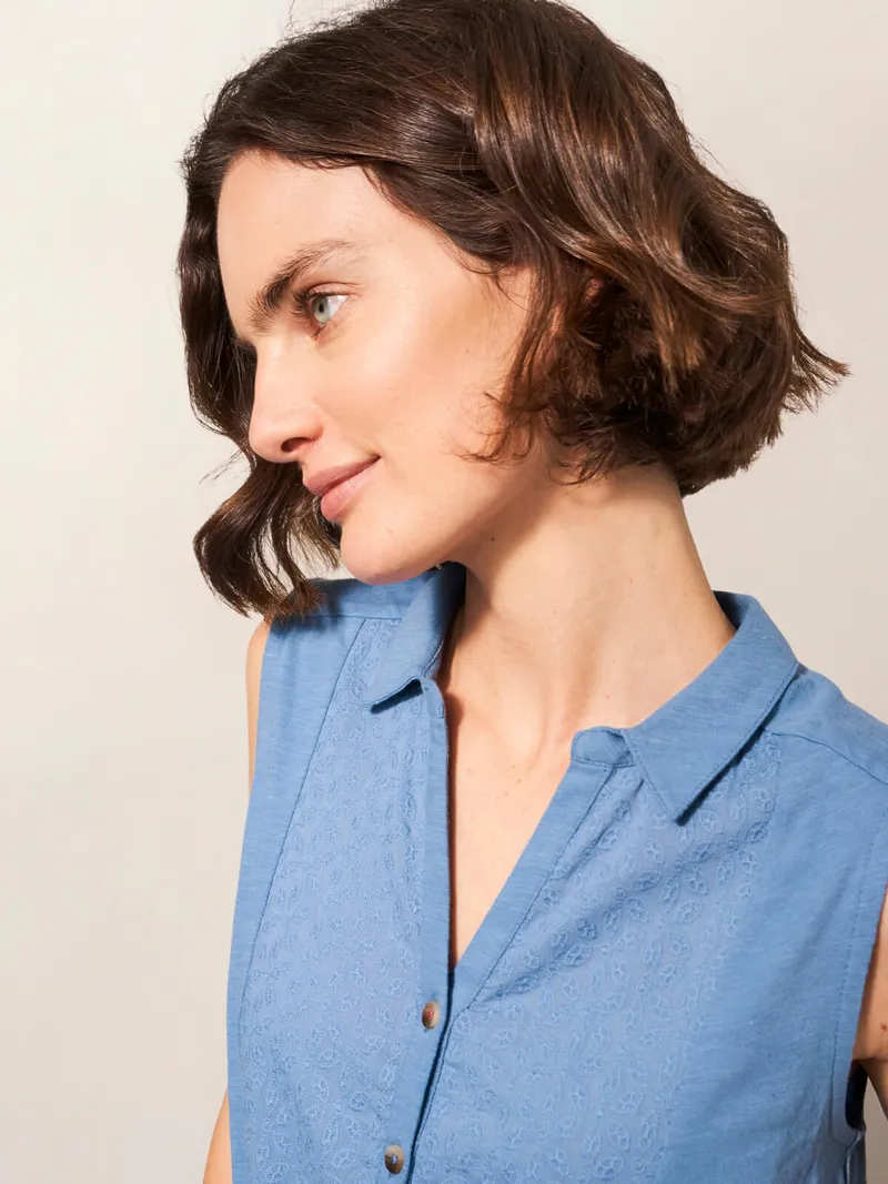 White Stuff Ärmellose Jerseybluse mit Printmotiv - 46, Blau, – Produktbild 2 von 4