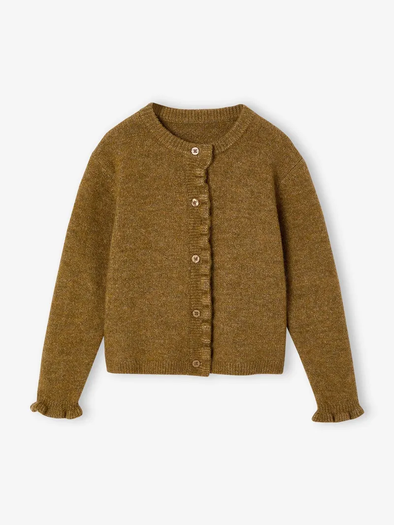 Vertbaudet Strickjacke mit Rüschen Mädchen 42% Recycling-Polyester GRS-zertifiziert, Olivgrün, – Produktbild 1 von 2
