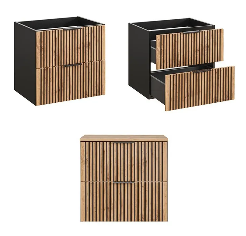 Lomadox Waschtisch XANTEN-56, anthrazit, Wotaneiche Nb., schwarze Rillen, Waschtischplatte, Braun|grau, – Produktbild 3 von 5